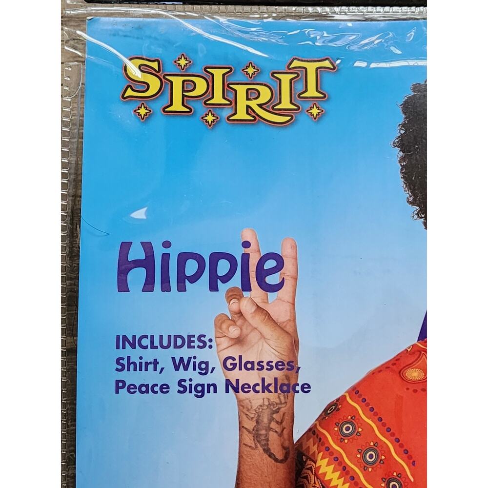 Spirit Halloween Adult L/XL Hippie Costume Shirt, Wig, Glasses, Peace Necklace - Picture 3 of 13